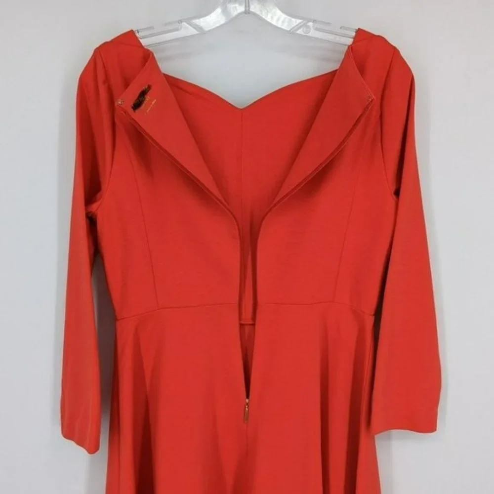 Kate Spade Fit & Flare Dress 6 Red 3/4 Sleeve Sweetheart Neck Stretch Ponte Knit